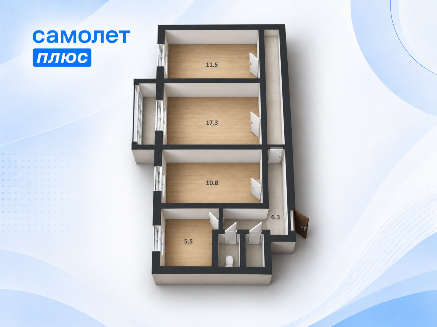 3-комнатная 56.8 м2 в ЖК undefined корпус null этаж 2