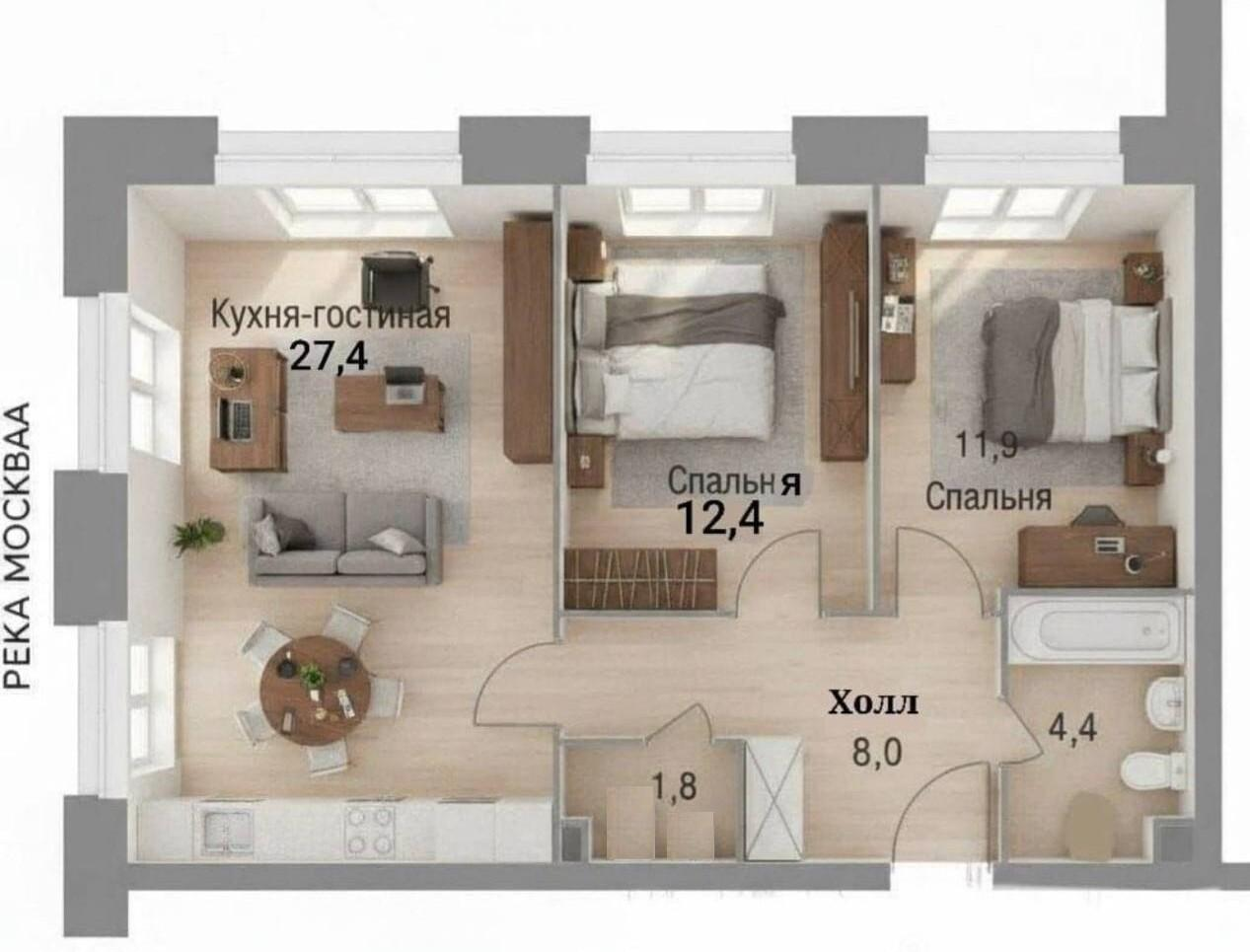 3-комнатная 67.7 м2 в ЖК undefined корпус null этаж 12