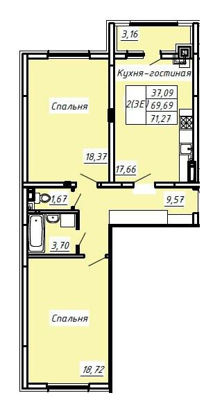 2-комнатная 71.2 м2 в ЖК undefined корпус null этаж 5