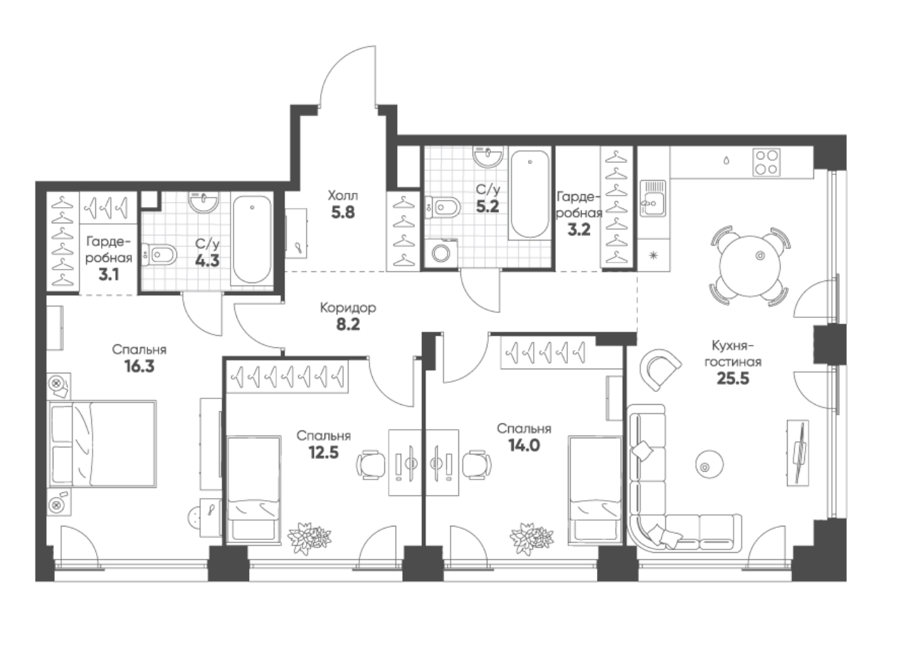 3-комнатная 98.1 м2 в ЖК undefined корпус null этаж 6