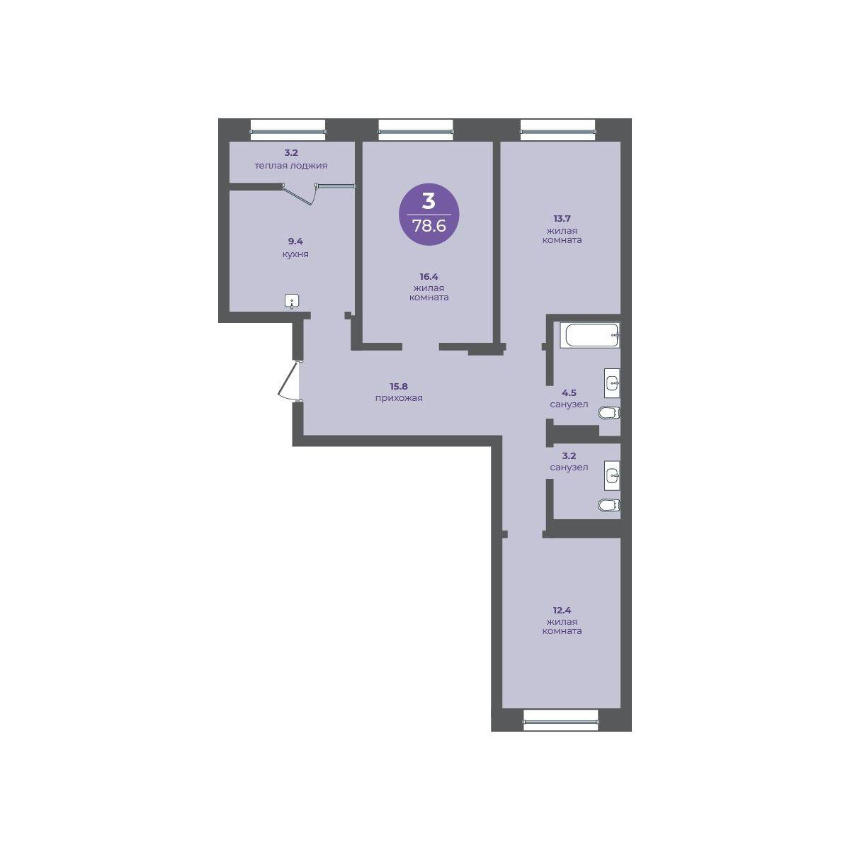 3-комнатная 78 м2 в ЖК Перемены корпус null этаж 7