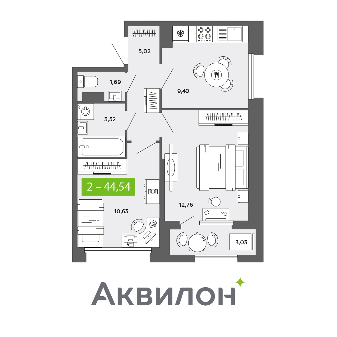 2-комнатная 44 м2 в ЖК Аквилон CITY Towers корпус null этаж 10