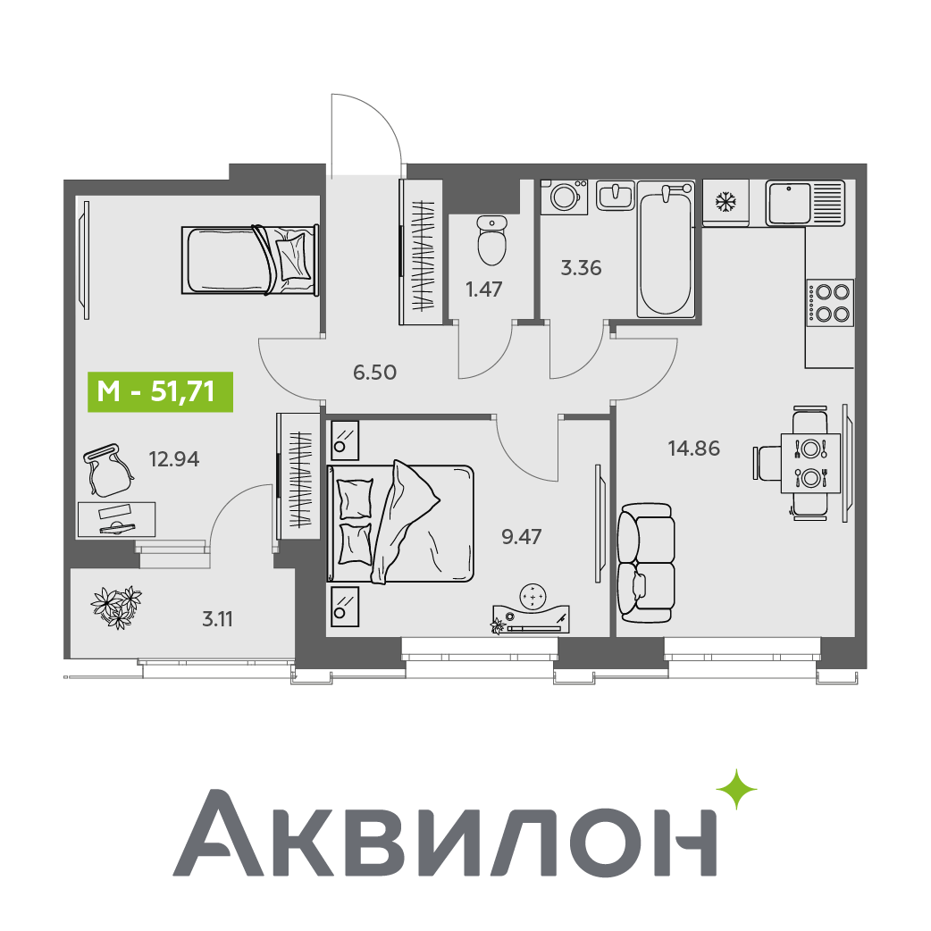 Студия 51 м2 в ЖК Аквилон АКВАРТАЛ корпус null этаж 3