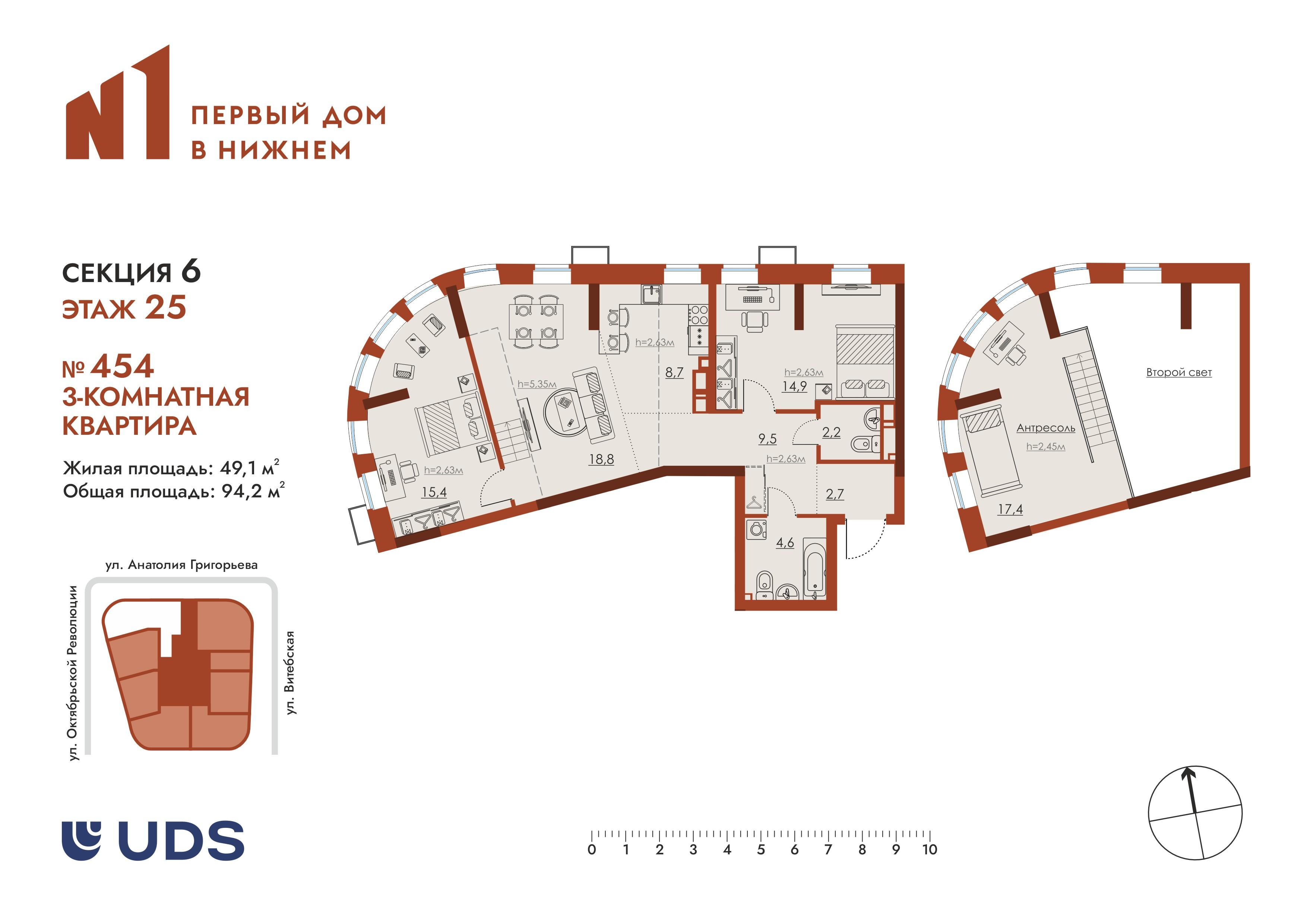 3-комнатная 94 м2 в ЖК N1 Первый дом в Нижнем корпус null этаж 25