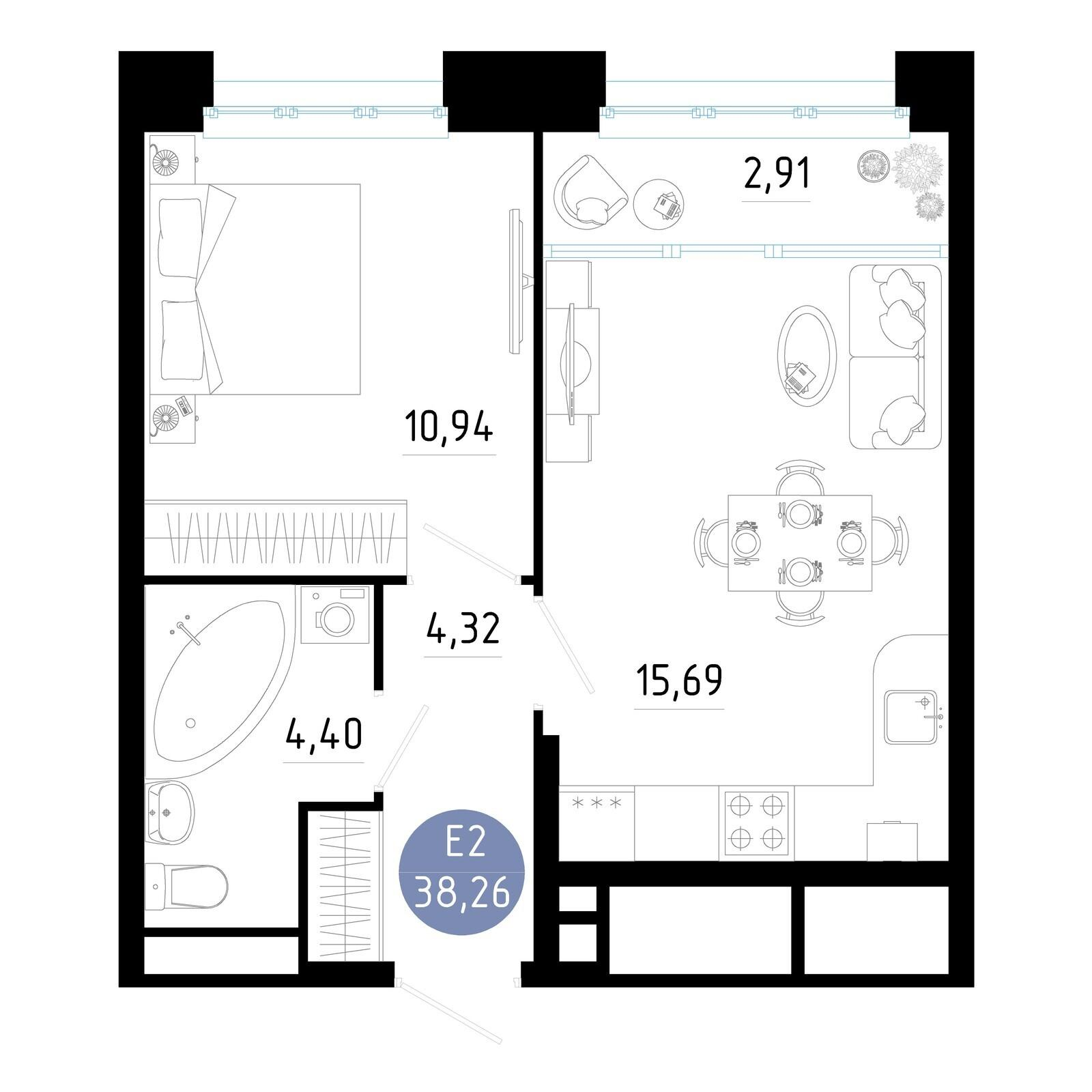 1-комнатная 38 м2 в ЖК Роща корпус null этаж 20