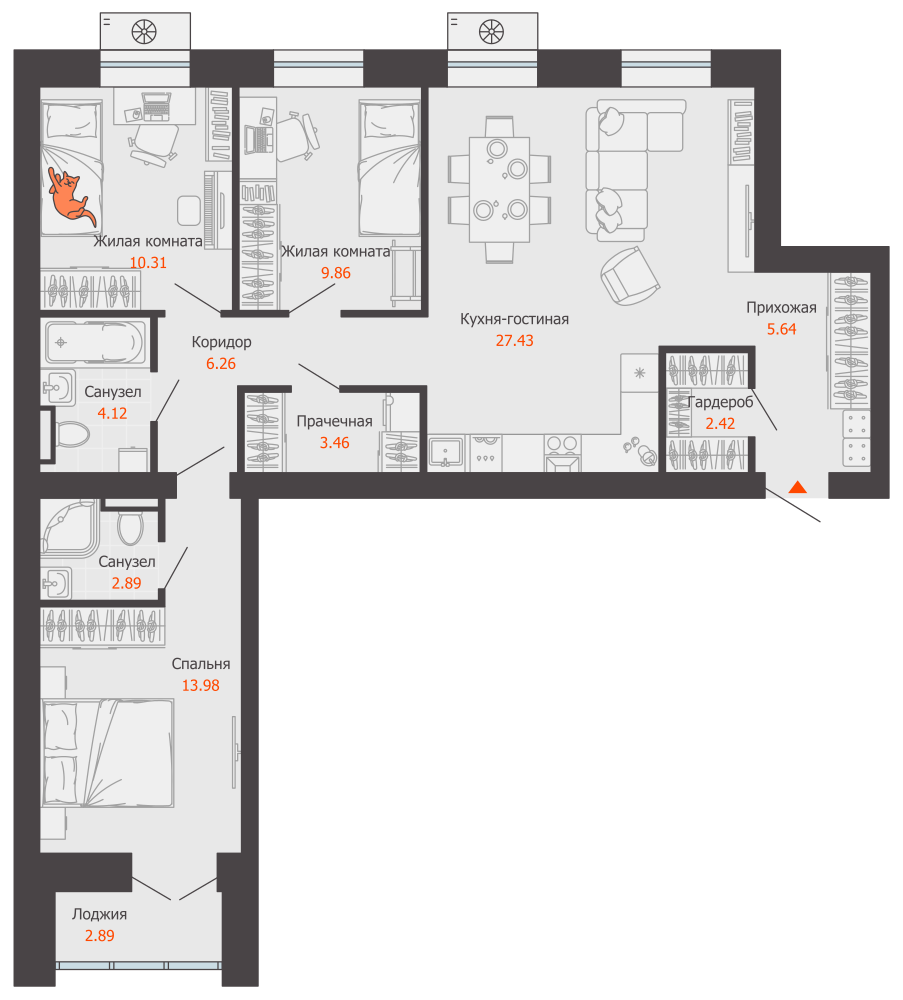 4-комнатная 88 м2 в ЖК Зарядное корпус null этаж 3
