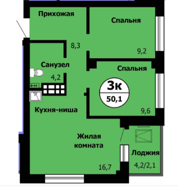 3-комнатная 50.1 м2 в ЖК undefined корпус null этаж 11