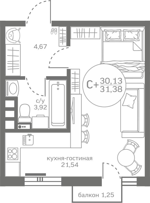 Студия 30 м2 в ЖК Меридиан Юг корпус null этаж 8