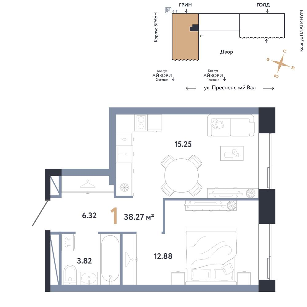 1-комнатная 38 м2 в ЖК Republic корпус null этаж 13