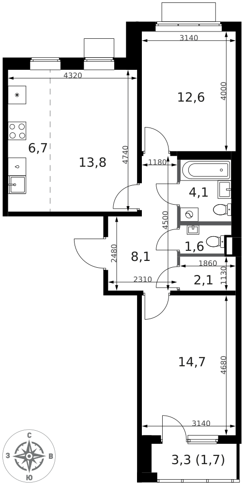 3-комнатная 65 м2 в ЖК 1-й Ясеневский корпус null этаж 3