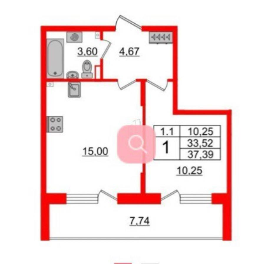 1-комнатная 32.8 м2 в ЖК undefined корпус null этаж 2