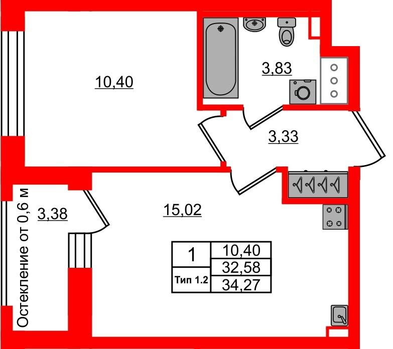 1-комнатная 32 м2 в ЖК Setl Ривьера корпус null этаж 4