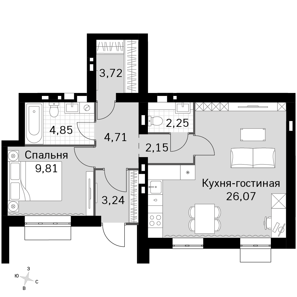 3-комнатная 56 м2 в ЖК Жаворонки Клаб корпус null этаж 1