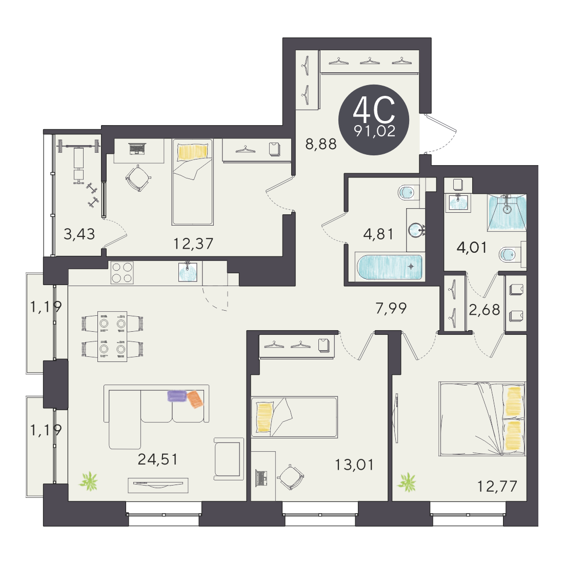4-комнатная 91 м2 в ЖК Ясный берег корпус null этаж 3