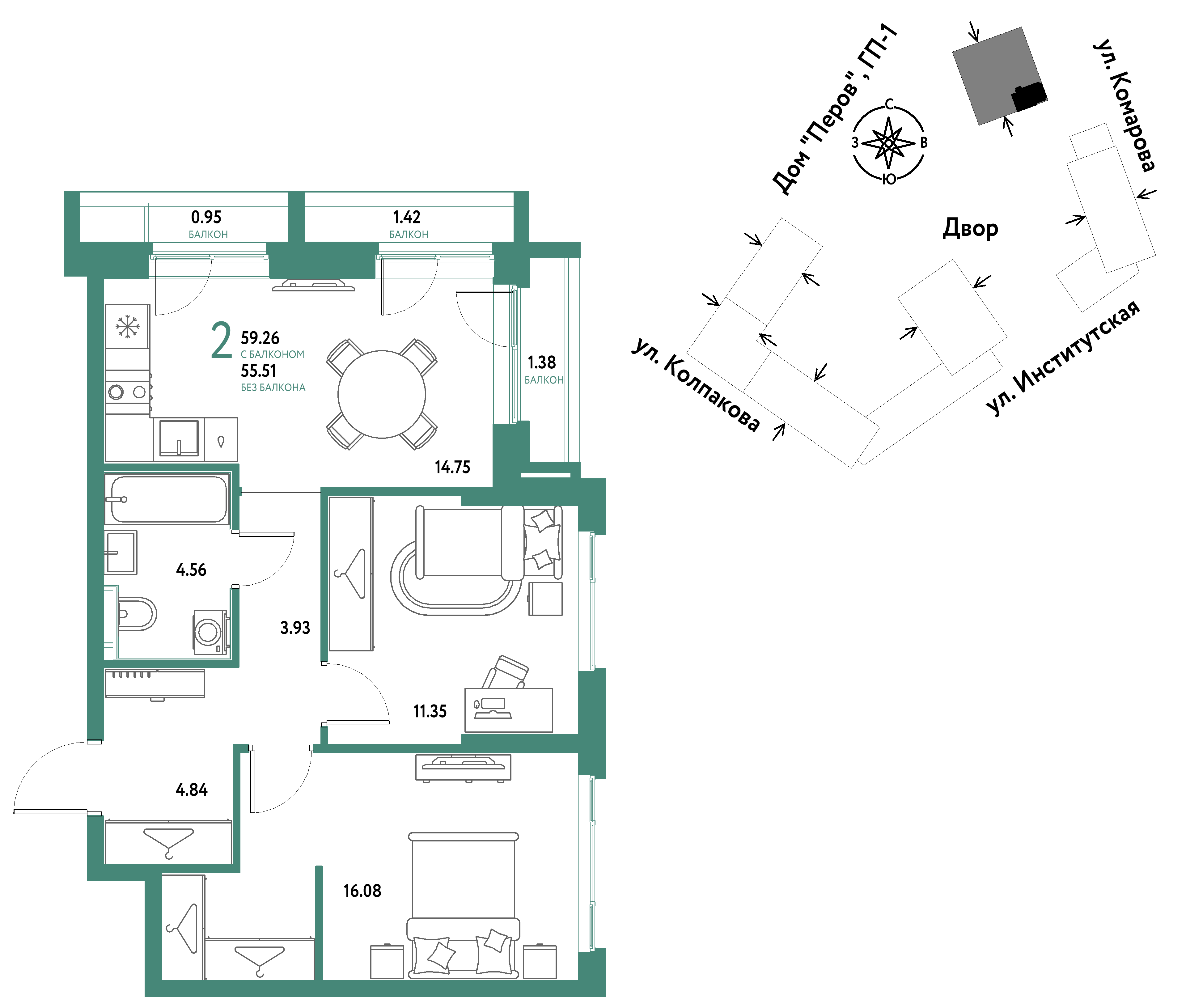 2-комнатная 59 м2 в ЖК Страна.Парковая корпус null этаж 7