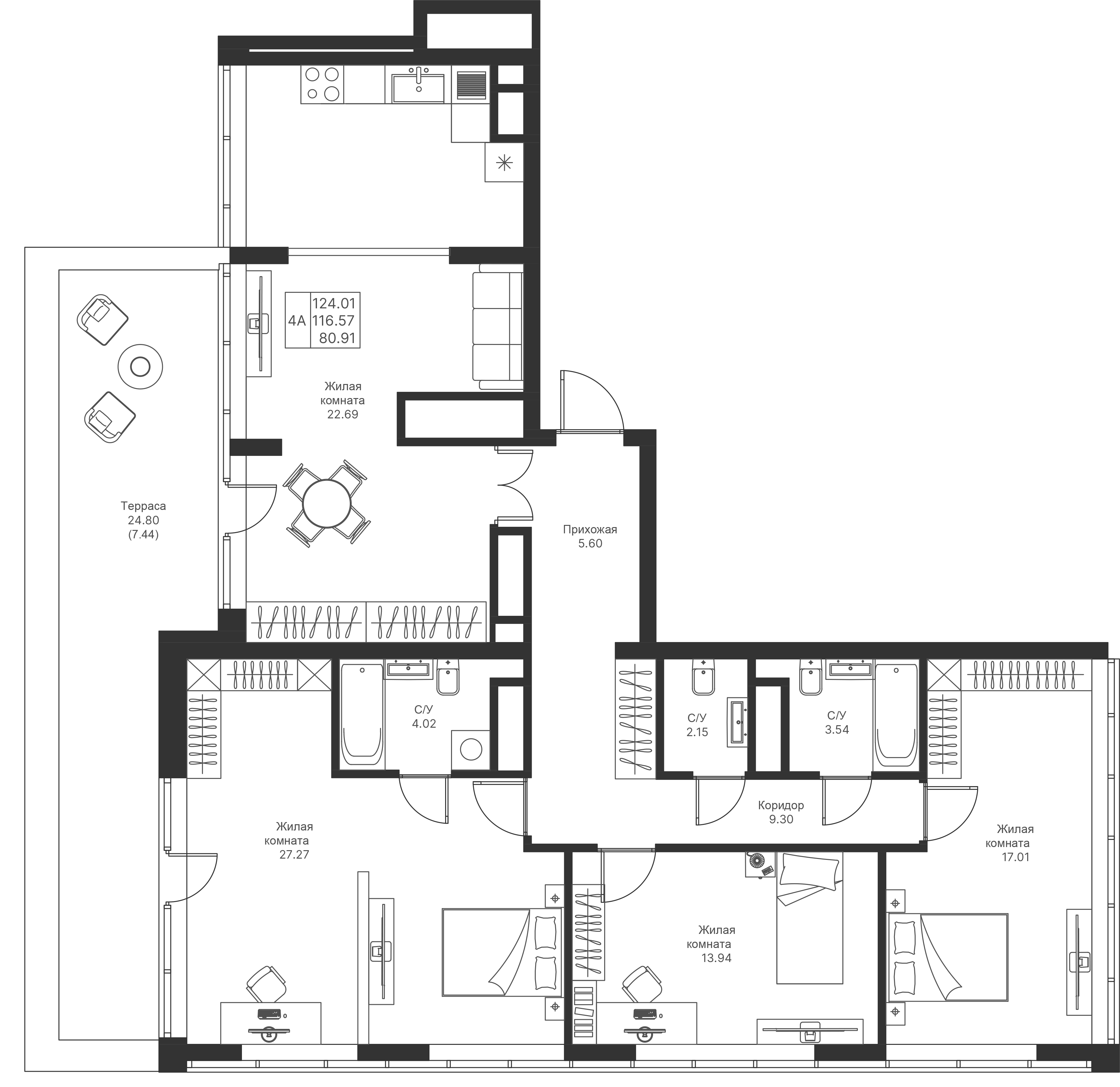 4-комнатная 124 м2 в ЖК Мой Ритм корпус null этаж 17