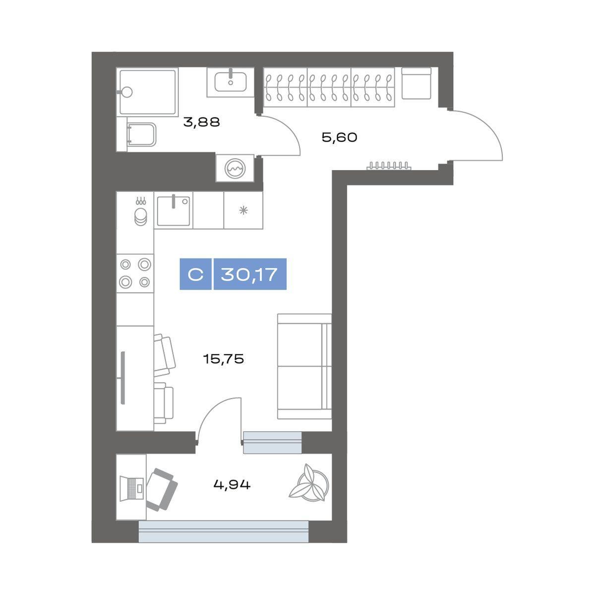 1-комнатная 30 м2 в ЖК Пятнашка корпус null этаж 11