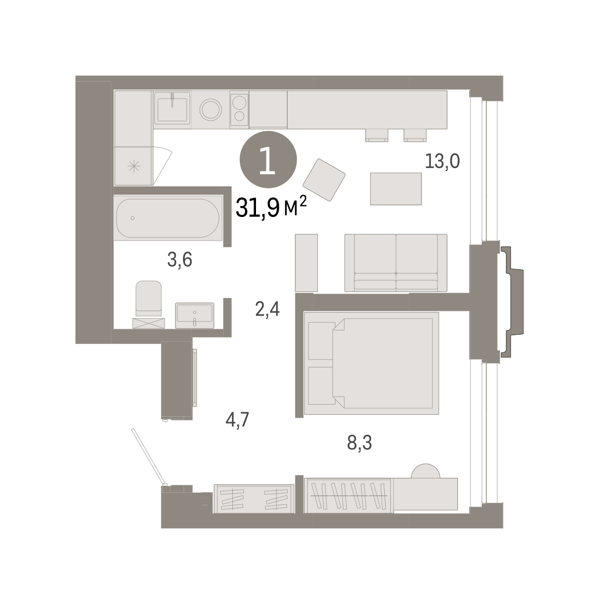 1-комнатная 31 м2 в ЖК Зарека корпус null этаж 3