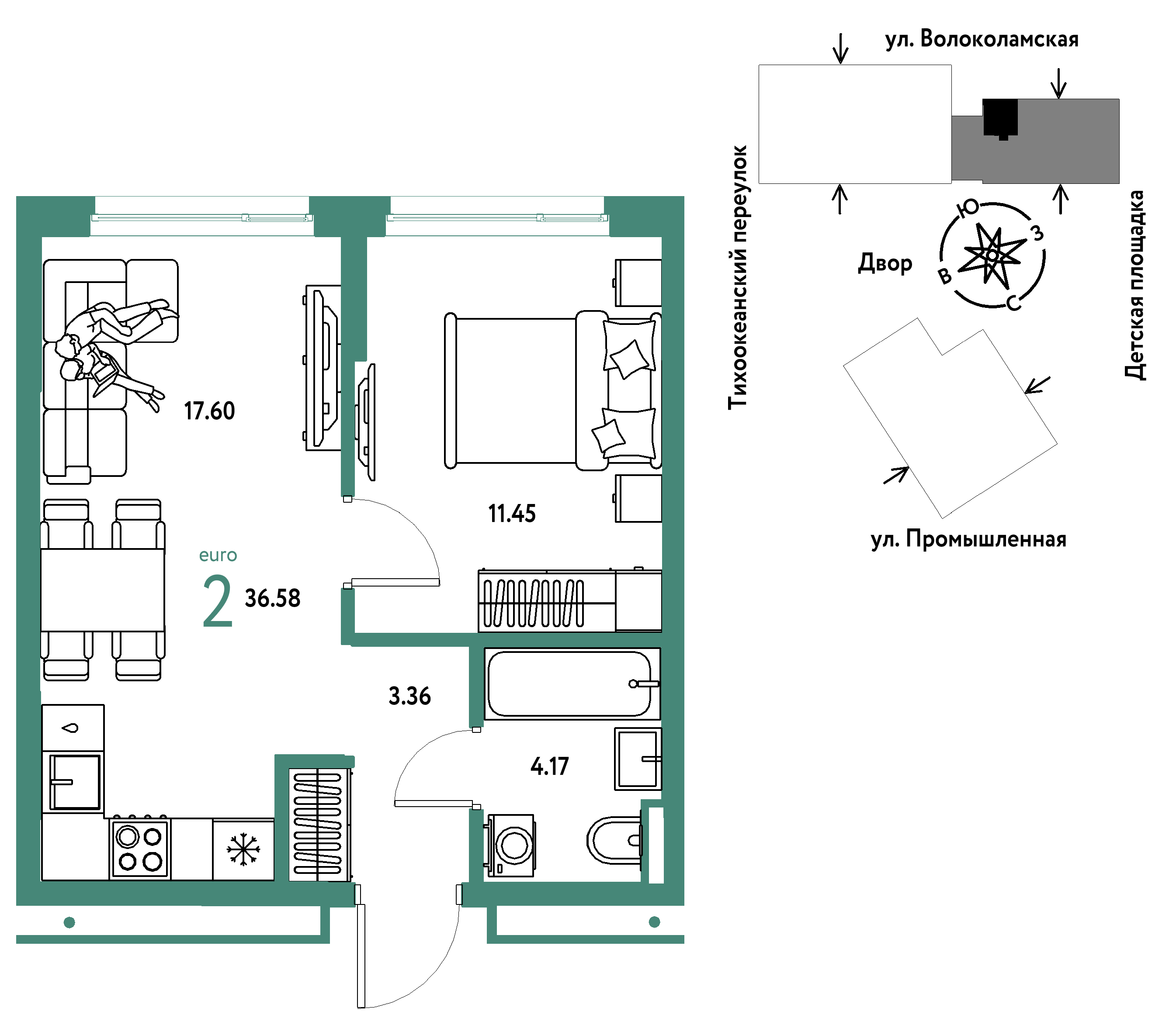 2-комнатная 36 м2 в ЖК Страна.Прибрежная корпус null этаж 7