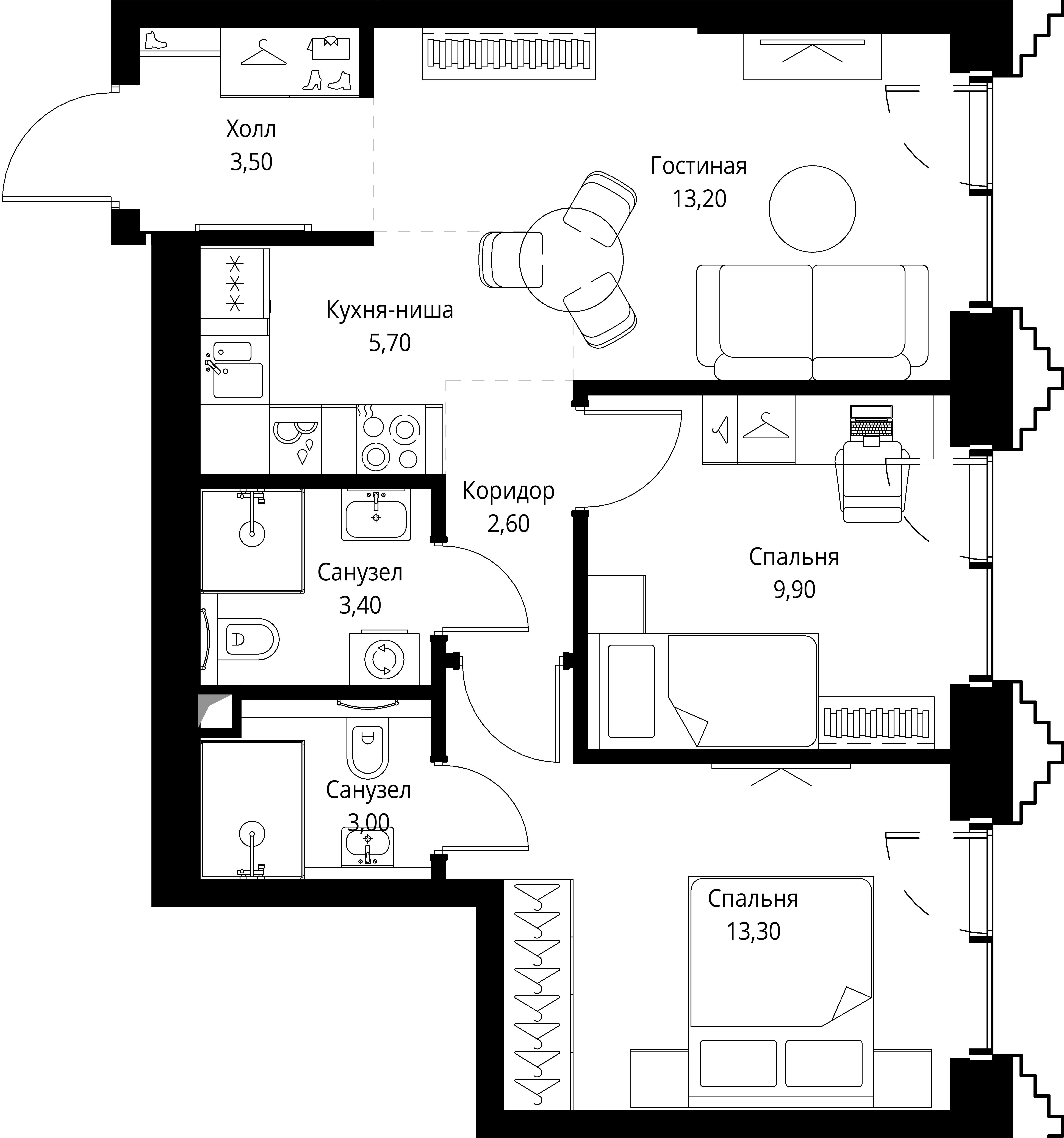 2-комнатная 55 м2 в ЖК СЕТ корпус null этаж 3