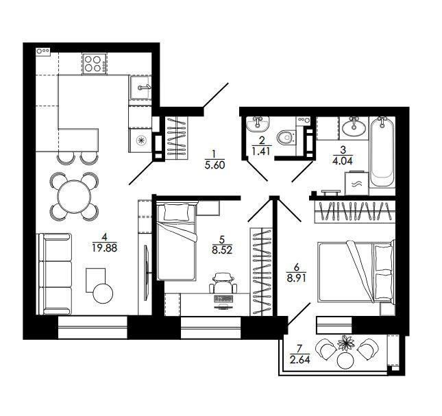 2-комнатная 53 м2 в ЖК undefined корпус null этаж 10