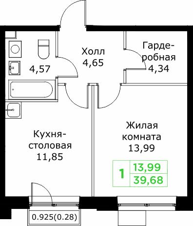 1-комнатная 39 м2 в ЖК Кит корпус null этаж 13
