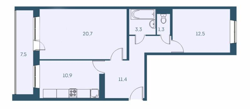3-комнатная 62.8 м2 в ЖК undefined корпус null этаж 9