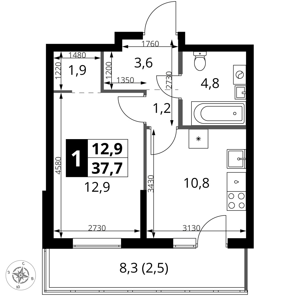 1-комнатная 37 м2 в ЖК 1-й Ясеневский корпус null этаж 3