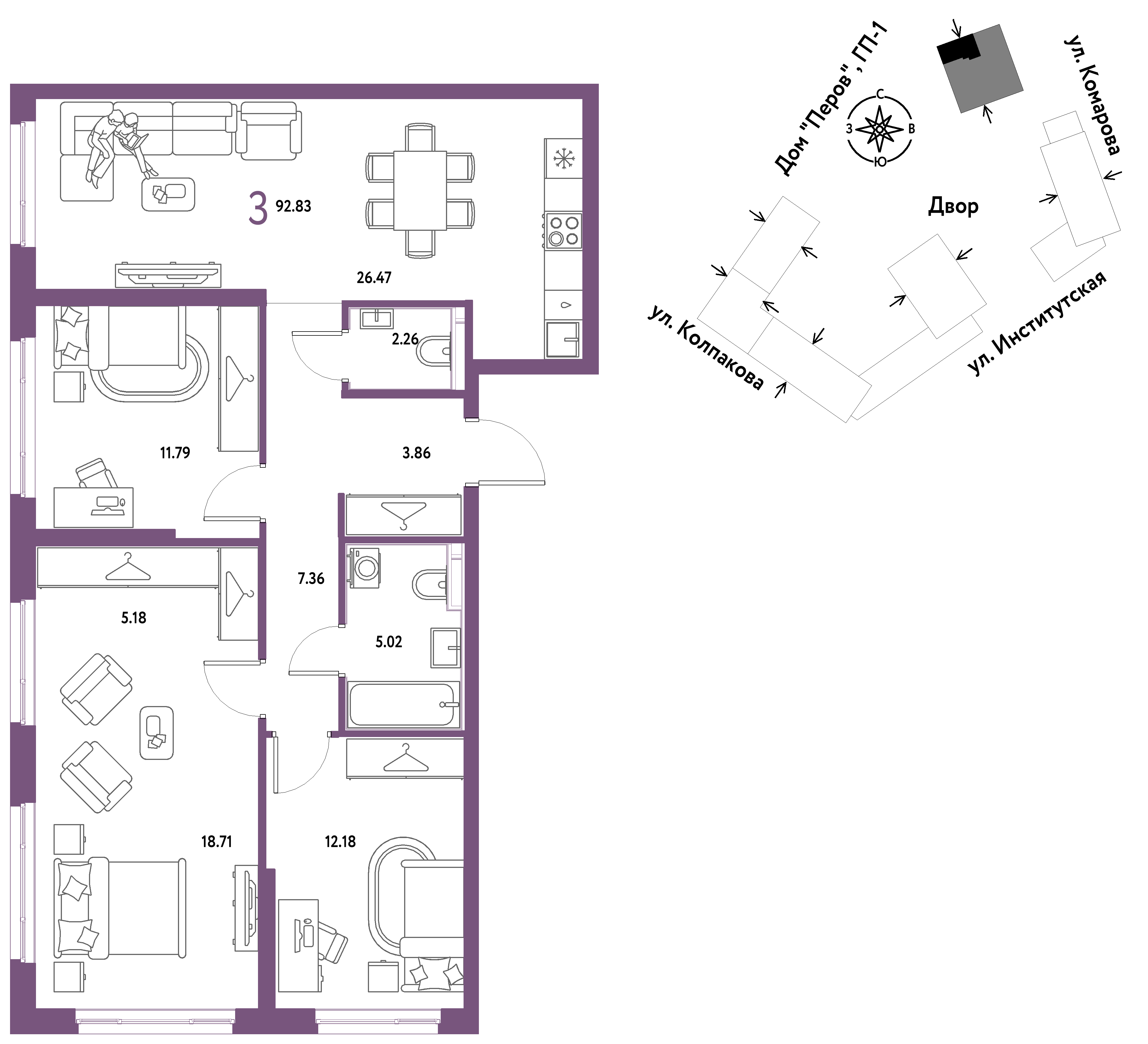 3-комнатная 92 м2 в ЖК Страна.Парковая корпус null этаж 7