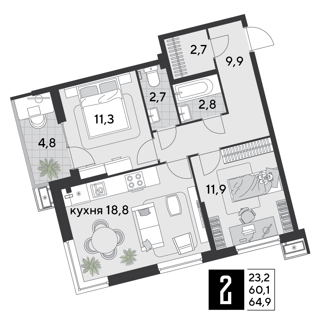 2-комнатная 65 м2 в ЖК Парк Победы 2 корпус null этаж 2