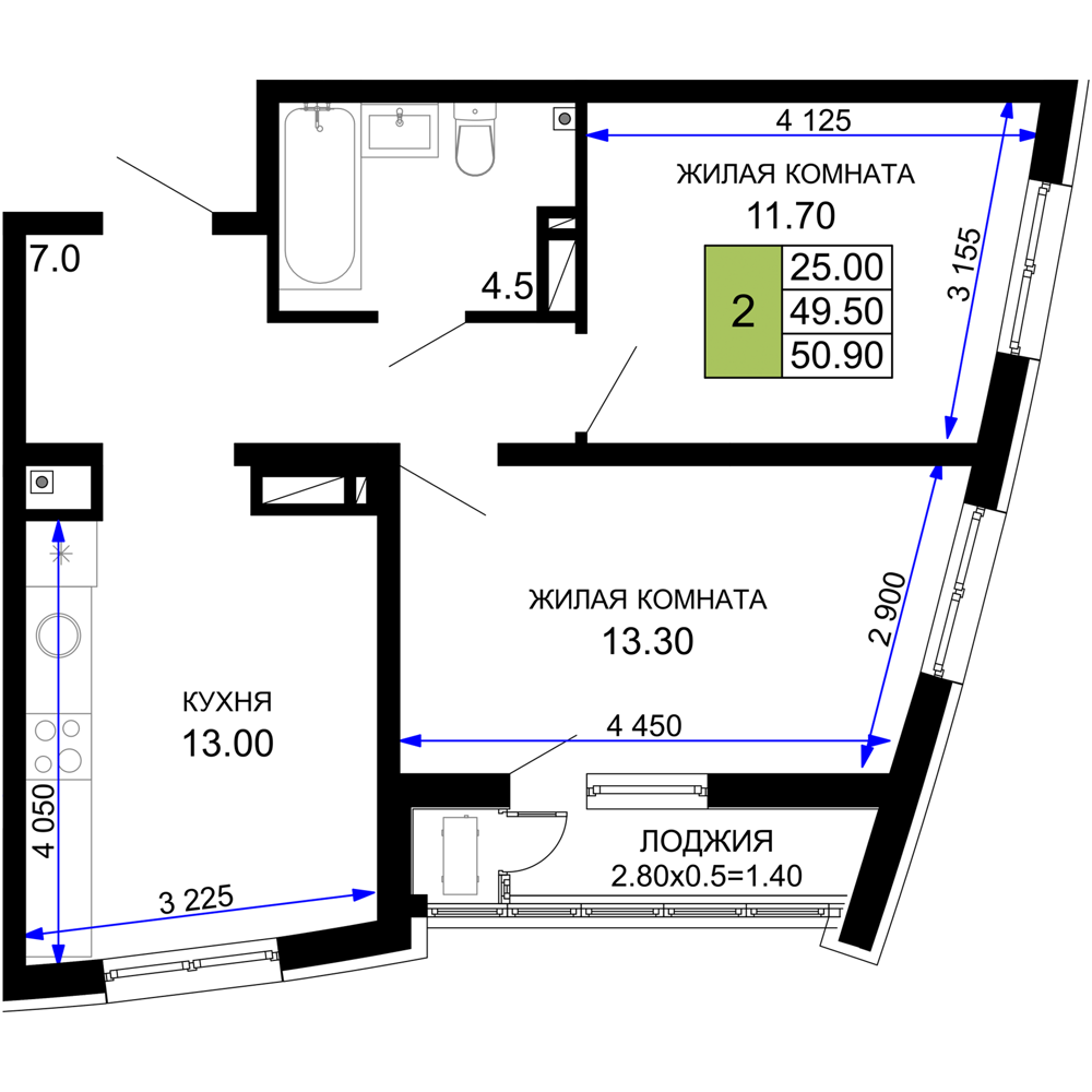 2-комнатная 50 м2 в ЖК Фонтаны корпус null этаж 18