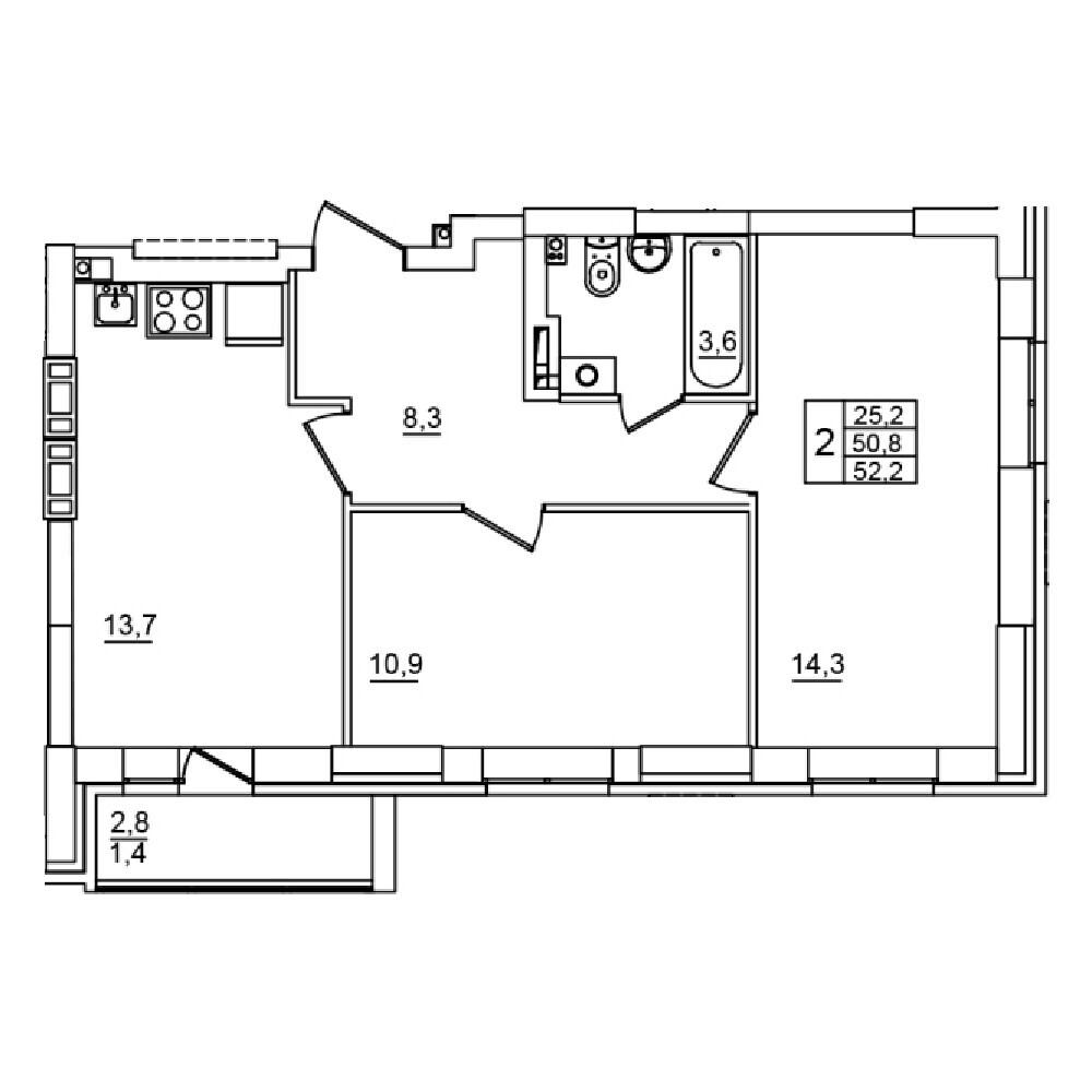 2-комнатная 52 м2 в ЖК Сталь корпус null этаж 8