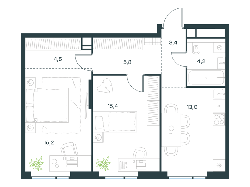 2-комнатная 62 м2 в ЖК Левел Войковская корпус null этаж 20