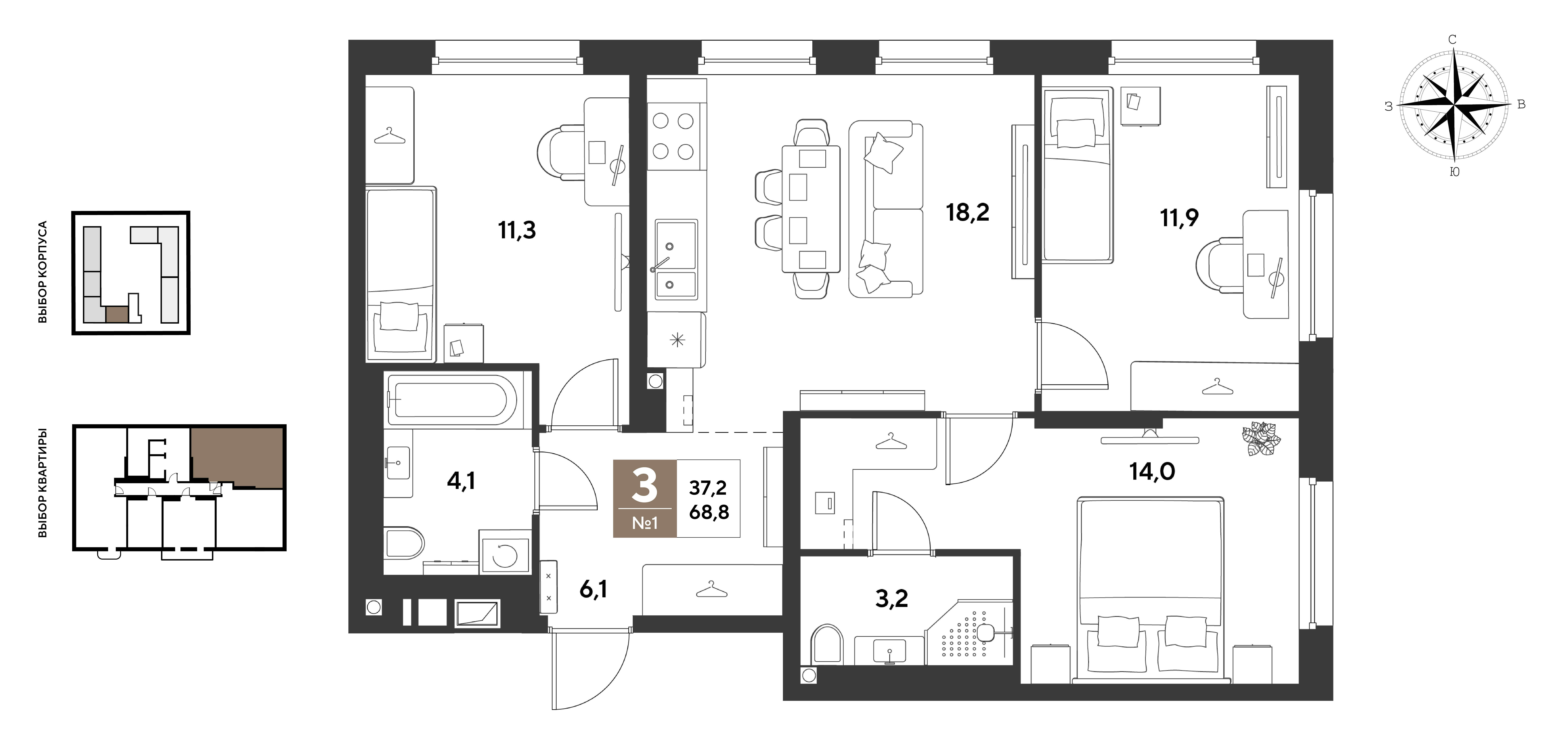 3-комнатная 68 м2 в ЖК GRADE корпус null этаж 2