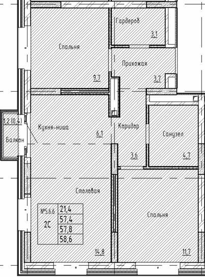 2-комнатная 58.6 м2 в ЖК undefined корпус null этаж 4