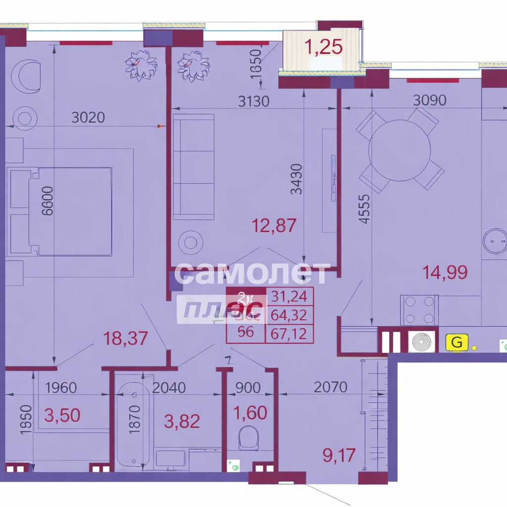 2-комнатная 64.3 м2 в ЖК undefined корпус null этаж 4