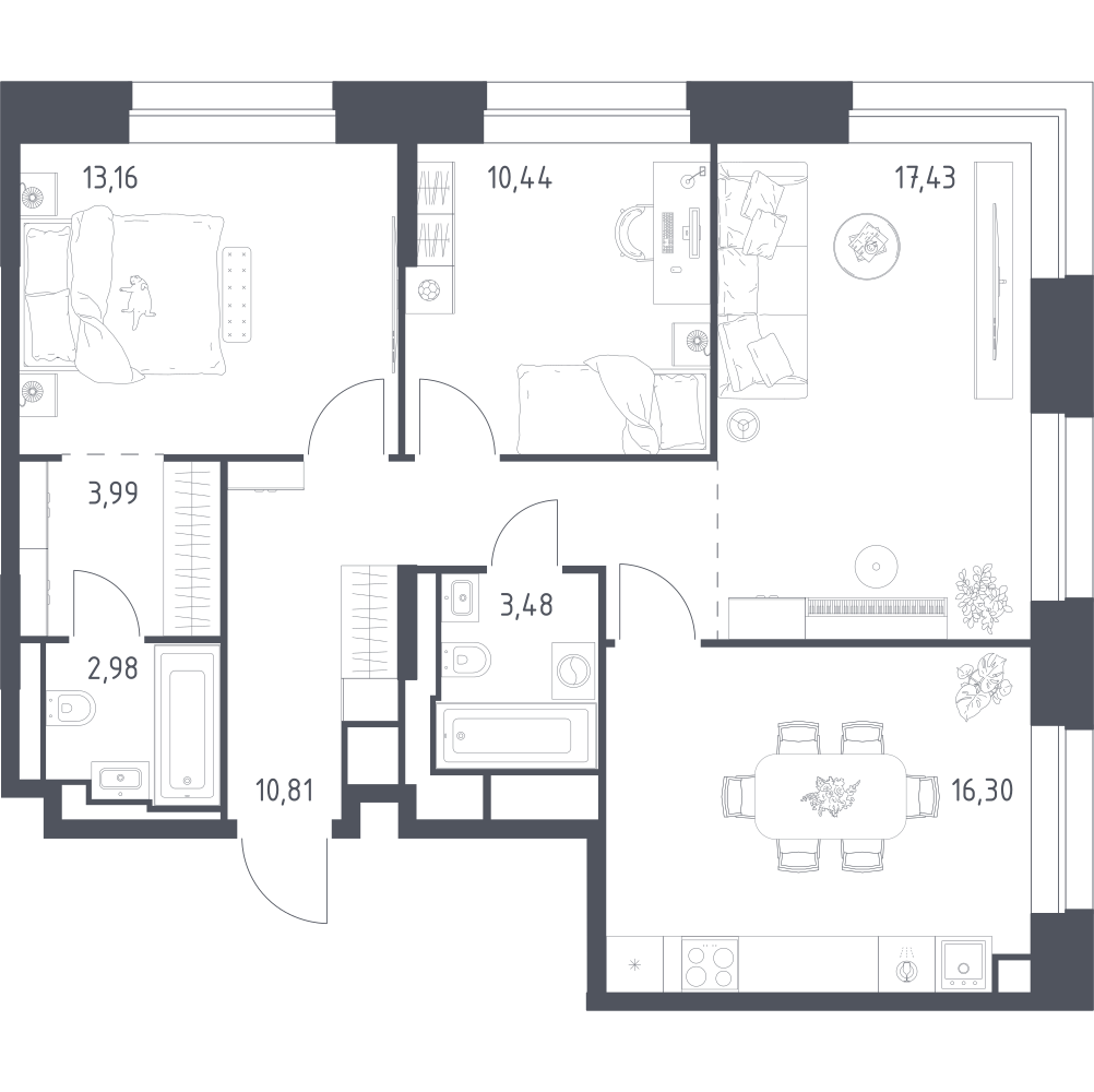 3-комнатная 78 м2 в ЖК Верейская 41 корпус null этаж 13