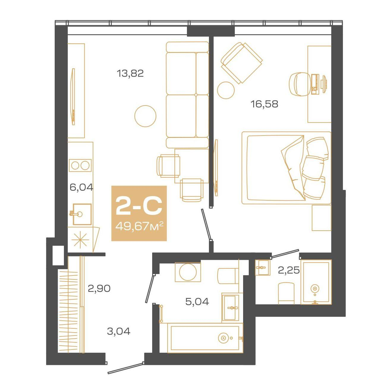 2-комнатная 49 м2 в ЖК Пульсар корпус null этаж 24
