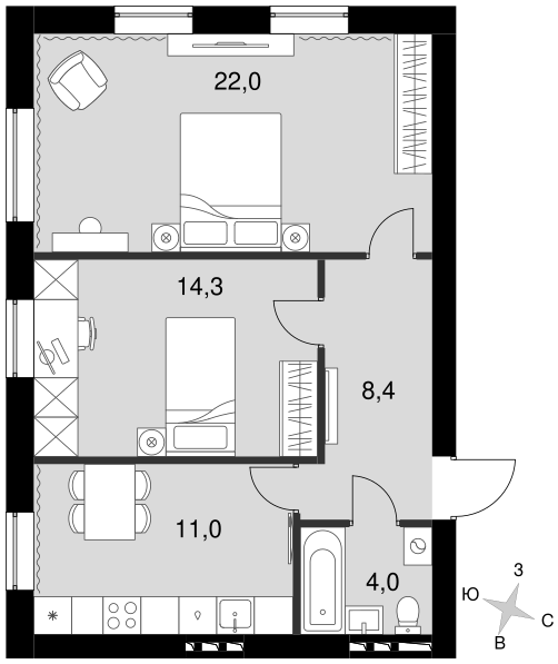 2-комнатная 58 м2 в ЖК Парк Апрель корпус null этаж 2
