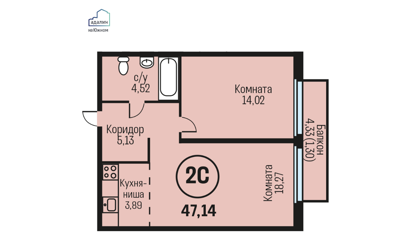 2-комнатная 47.1 м2 в ЖК undefined корпус null этаж 12