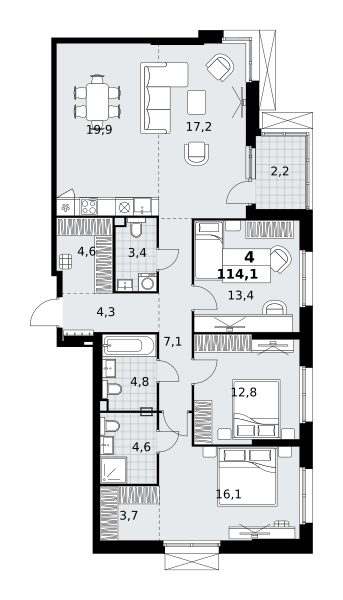 4-комнатная 114 м2 в ЖК Дзен-кварталы корпус null этаж 2