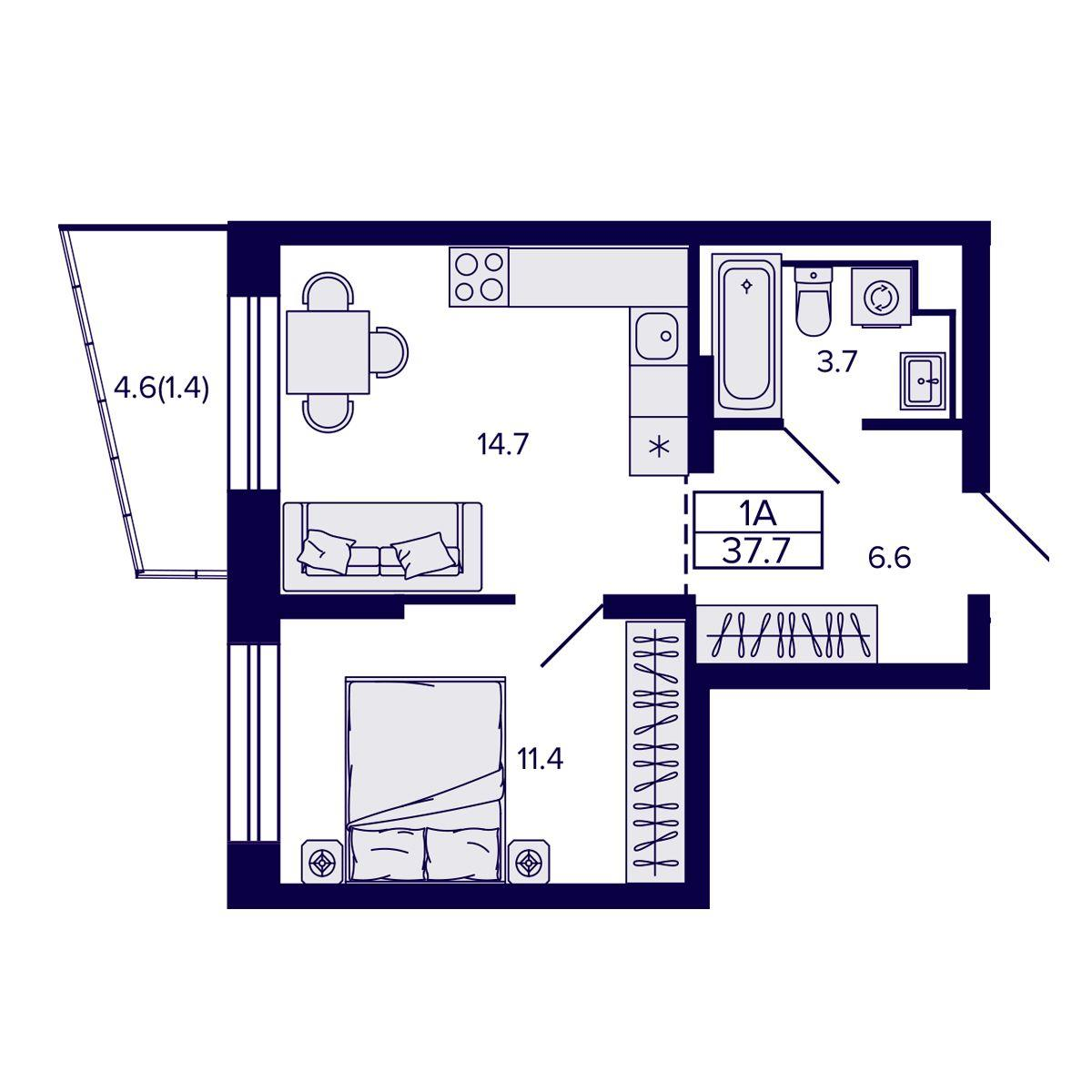 1-комнатная 37 м2 в ЖК Самородный квартал корпус null этаж 5