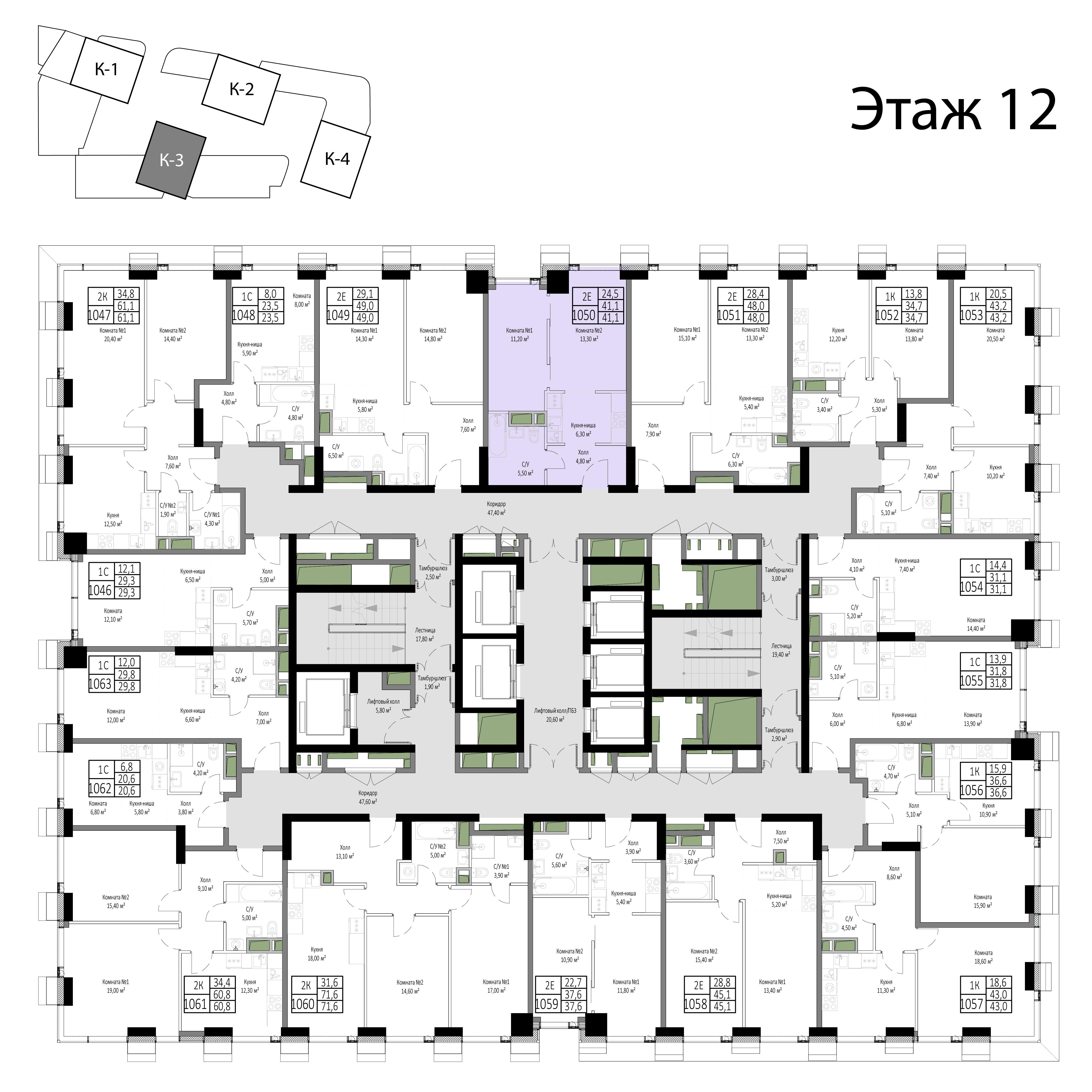 2-комнатная 41 м2 в ЖК Мираполис корпус null этаж 12