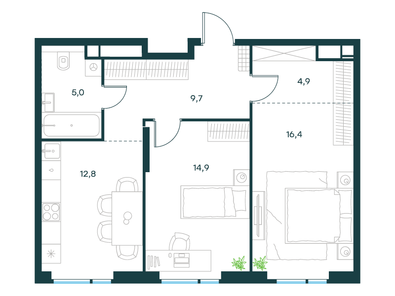 2-комнатная 63 м2 в ЖК Level Войковская корпус null этаж 14