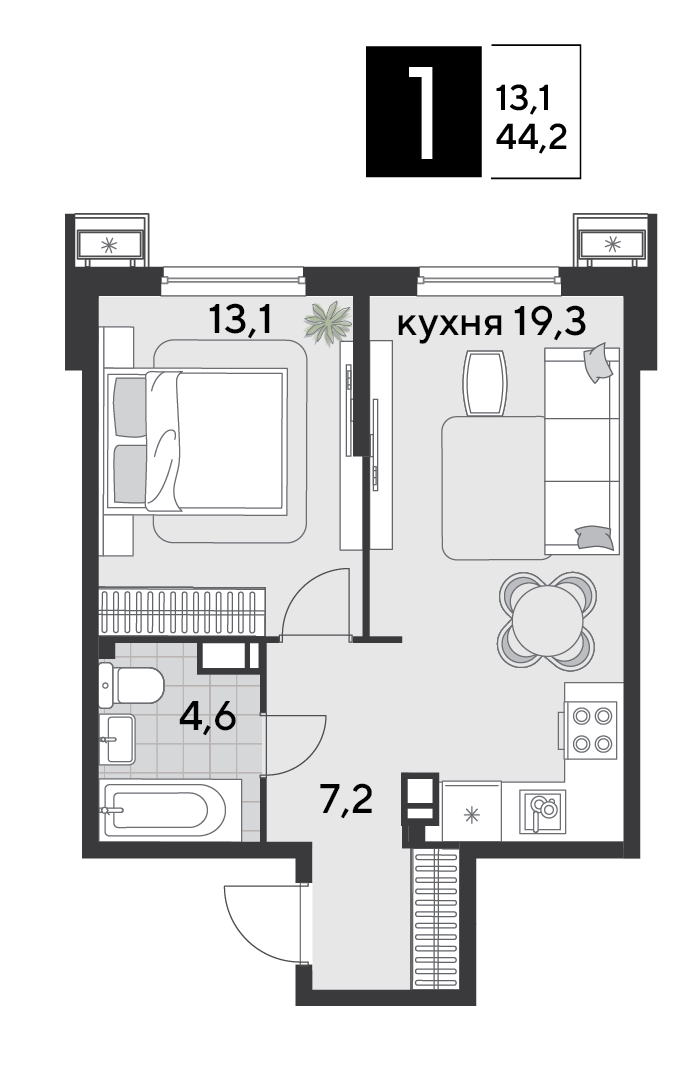 1-комнатная 44 м2 в ЖК Парк Победы 2 корпус null этаж 4