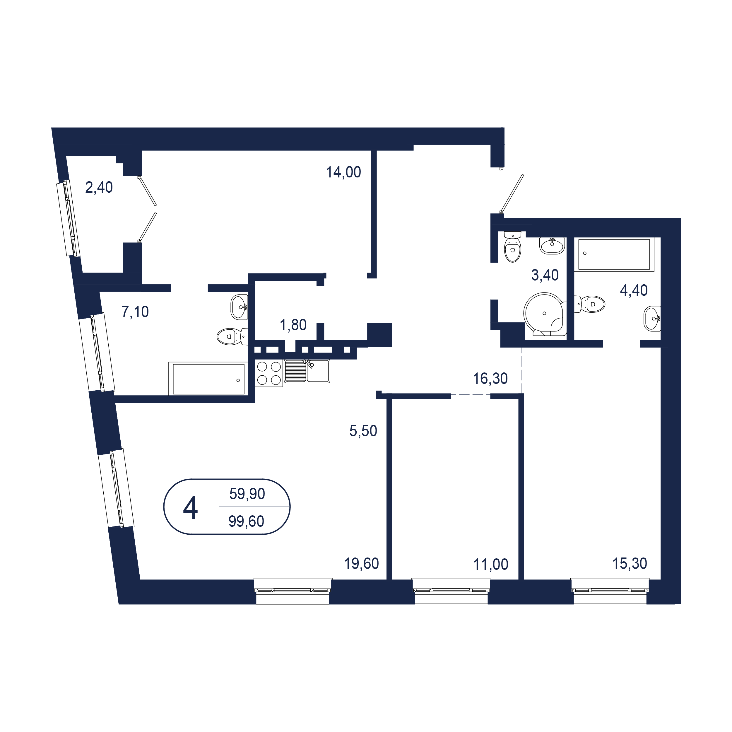 4-комнатная 99 м2 в ЖК Клубный дом «NEW BRIDGE» корпус null этаж 4
