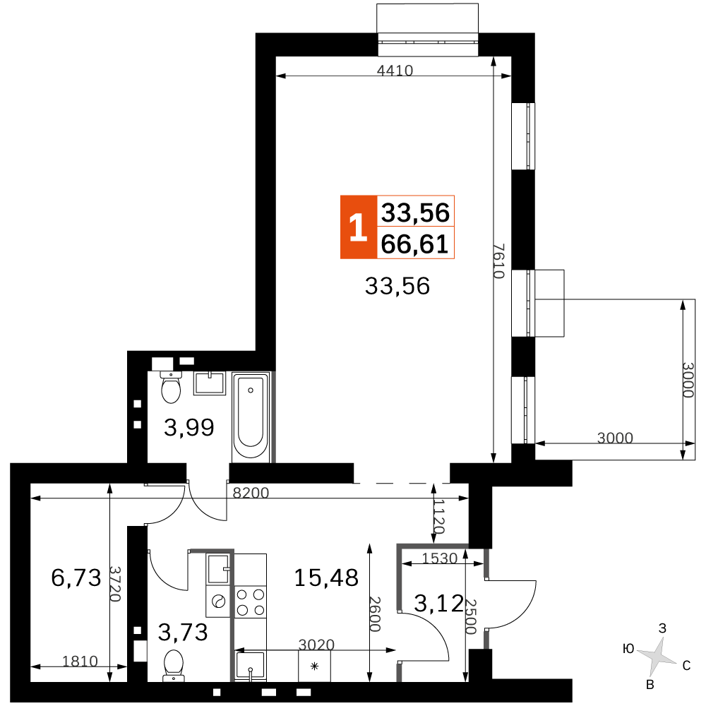 2-комнатная 66 м2 в ЖК Жаворонки Клаб корпус null этаж 1