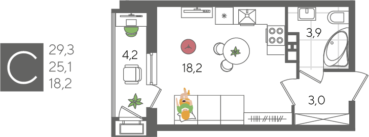 Студия 29 м2 в ЖК Рекорд 2 корпус null этаж 5