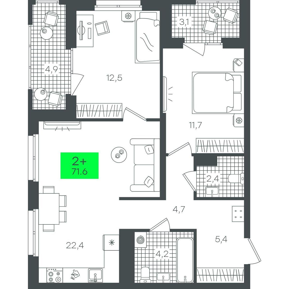 2-комнатная 71 м2 в ЖК Гранд Квартал корпус null этаж 15