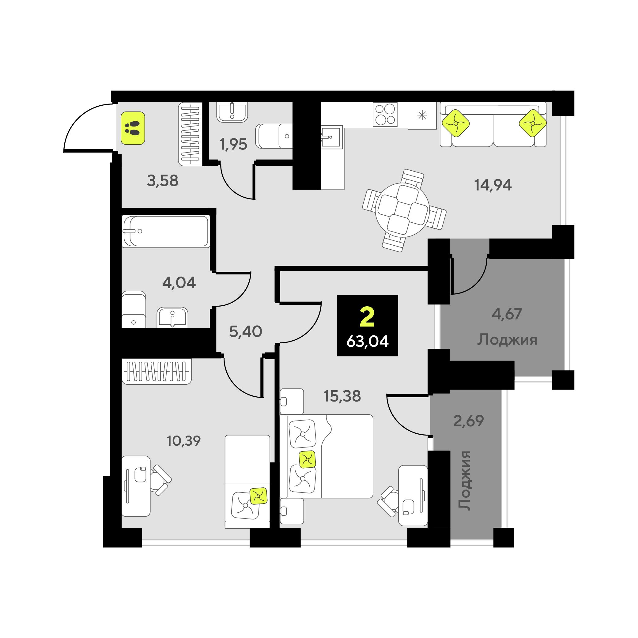 2-комнатная 63 м2 в ЖК Мотивы корпус null этаж 3